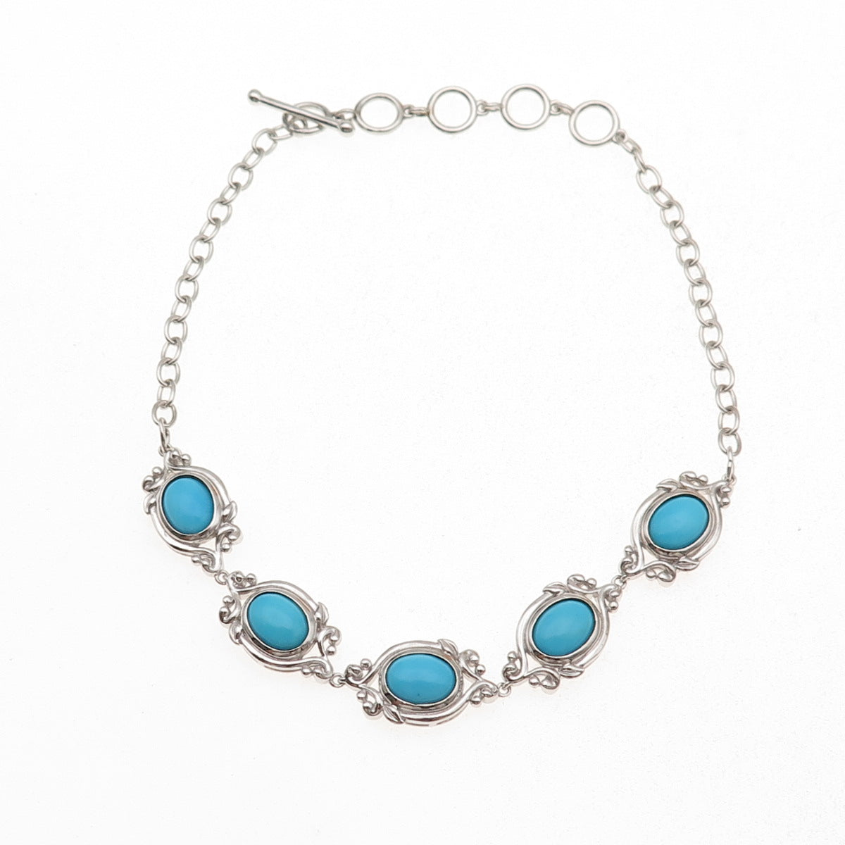 925 Sterling Silver Real Sleeping Beauty Turquoise Floral Bracelet 7.5-9.5"
