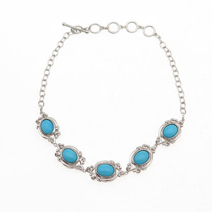 925 Sterling Silver Real Sleeping Beauty Turquoise Floral Bracelet 7.5-9.5"