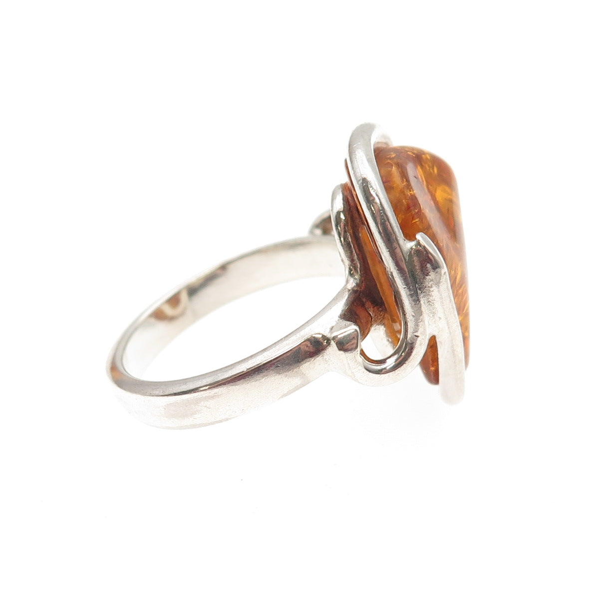 925 Sterling Silver Vintage Real Amber Modernist Ring Size 9.25