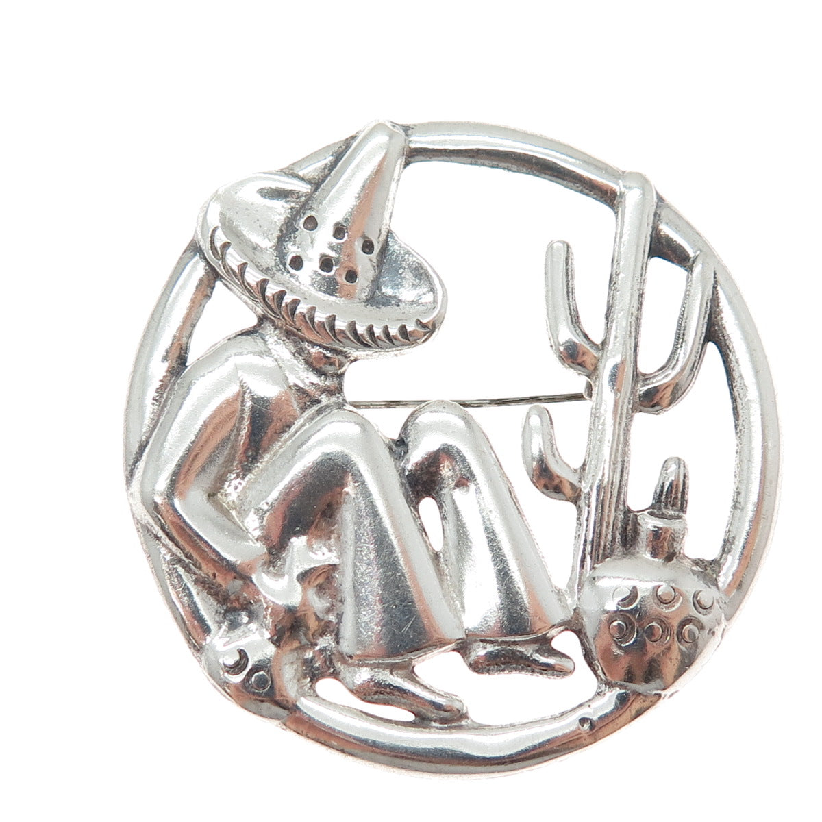 925 Sterling Silver Vintage Mexico Sombrero Man Desert Scene Pin Brooch