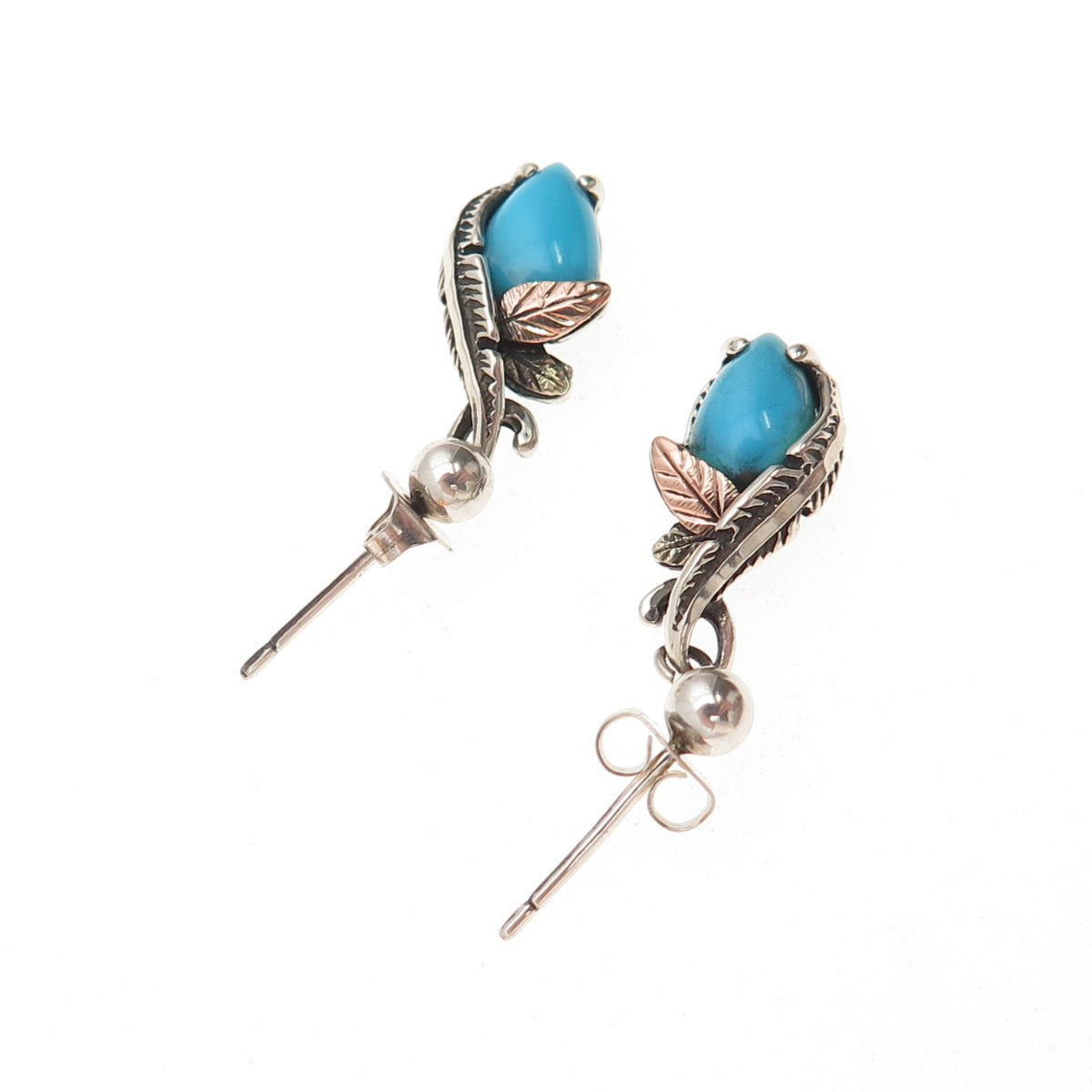Coleman Co. 925 Sterling Silver 12K Gold Vintage Real Turquoise Floral Earrings