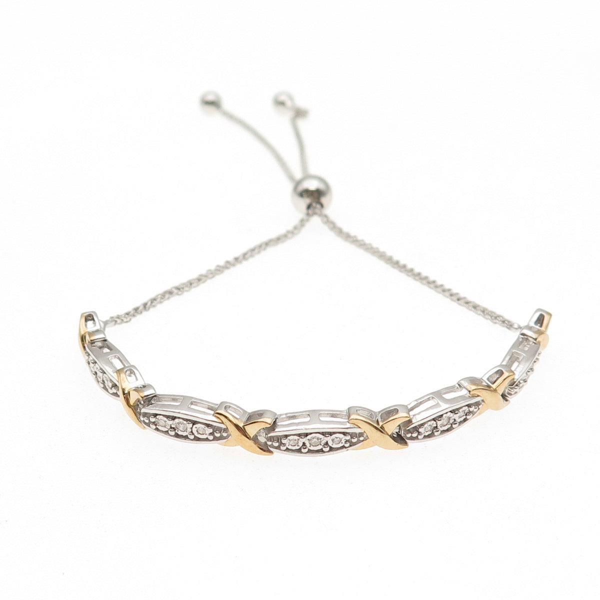 925 Sterling Silver 2-Tone Real Diamond X-Shape Adjustable Bolo Bracelet 6-9"