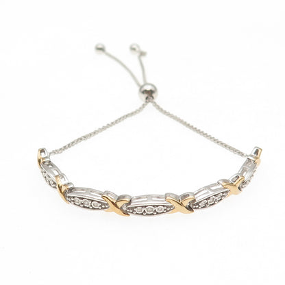 925 Sterling Silver 2-Tone Real Diamond X-Shape Adjustable Bolo Bracelet 6-9"