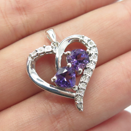 925 Sterling Silver Real Round-Cut White Diamond & Amethyst Heart Pendant