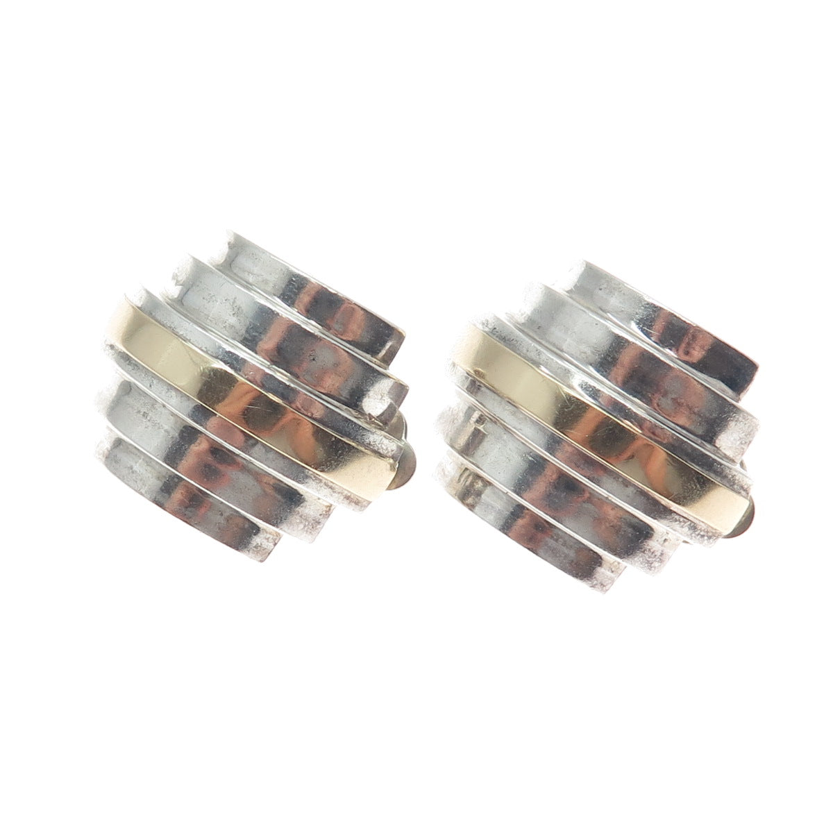 14K Gold & 925 Sterling Silver Vintage Modernist Oxidized Clip On Earrings