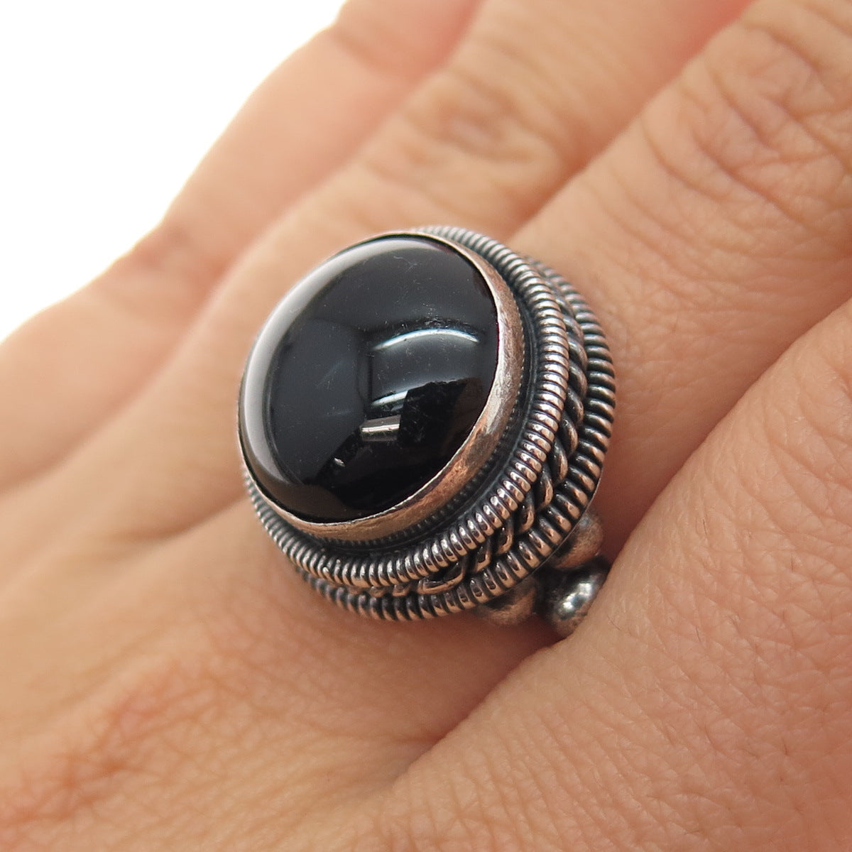 925 Sterling Silver Vintage Real Black Onyx Modernist Oxidized Ring Size 7