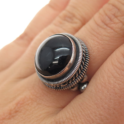 925 Sterling Silver Vintage Real Black Onyx Modernist Oxidized Ring Size 7