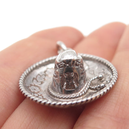925 Sterling Silver Vintage Mexico Sombrero Oxidized 3D Charm Pendant