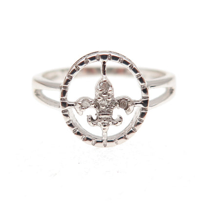 925 Sterling Silver Real Round-Cut Diamond Fleur de Lis Ring Size 6