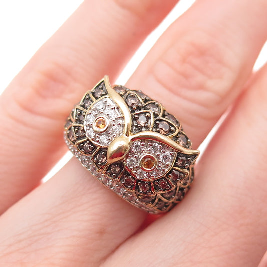 925 Sterling Silver Gold Plated Multi-Color C Z Owl Bird Ring Size 5.25