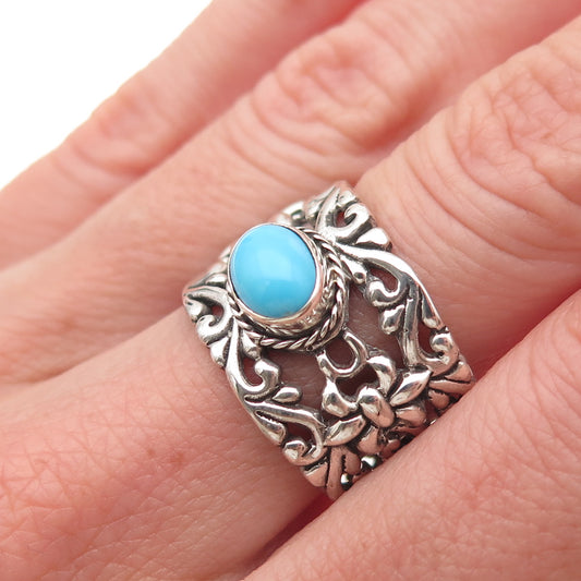 925 Sterling Silver Vintage Real Sleeping Beauty Turquoise Floral Ring Size 7.5