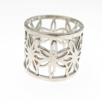 925 Sterling Silver Vintage Flower Wide Band Ring Size 7.25