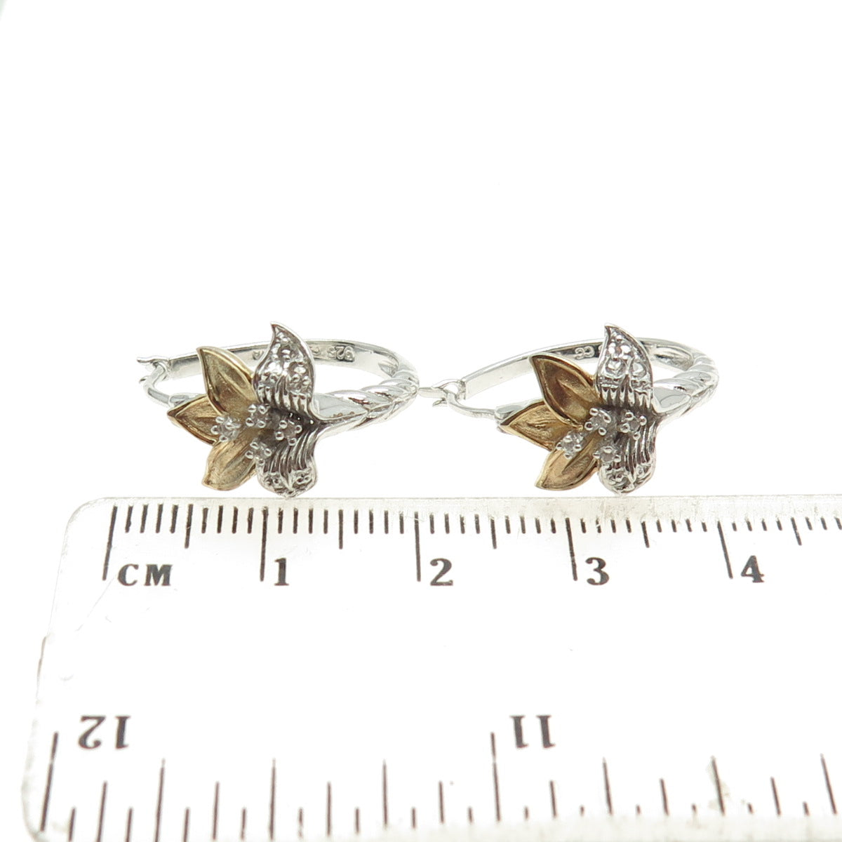 925 Sterling Silver 2-Tone Real Round-Cut Diamond Lily Flower Hoop Earrings