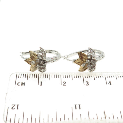 925 Sterling Silver 2-Tone Real Round-Cut Diamond Lily Flower Hoop Earrings