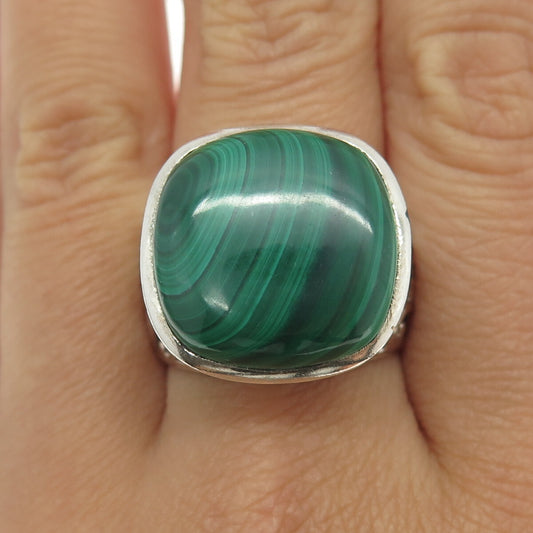 925 Sterling Silver Vintage Real Cabochon Malachite Ornate Ring Size 9.75