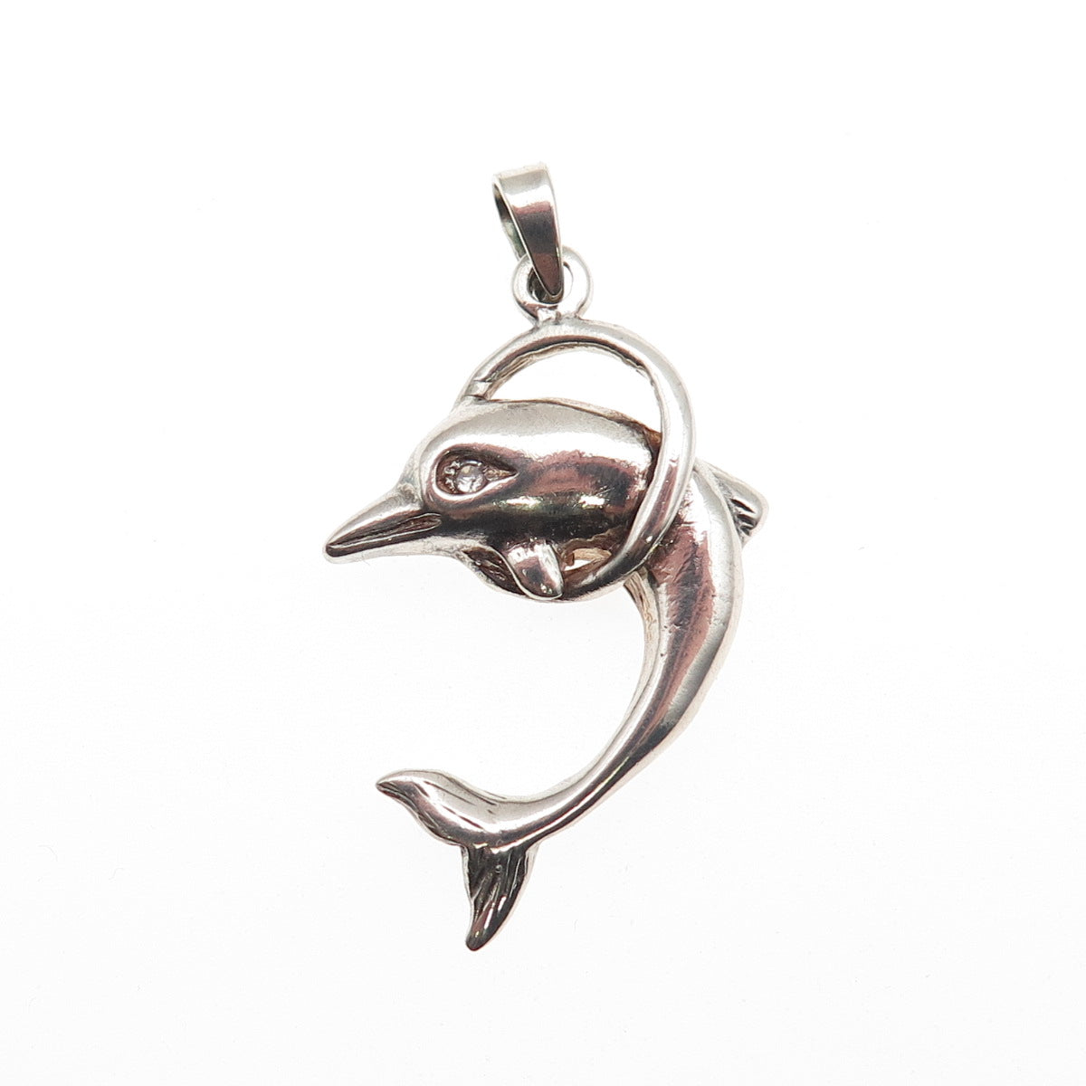 925 Sterling Silver Vintage Round-Cut C Z Dolphin Oxidized Charm Pendant