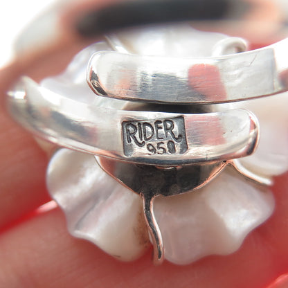 RIDER 950 Silver Vintage Real Carved MOP Flower Adjustable Ring Size 8.75