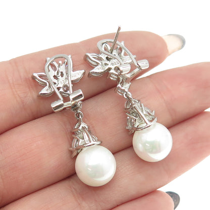 925 Sterling Silver Multi-Cut C Z & Faux Pearl Bohemian Omega Back Earrings