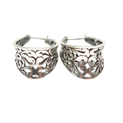 925 Sterling Silver Vintage Ornate Oval Hoop Modernist Earrings