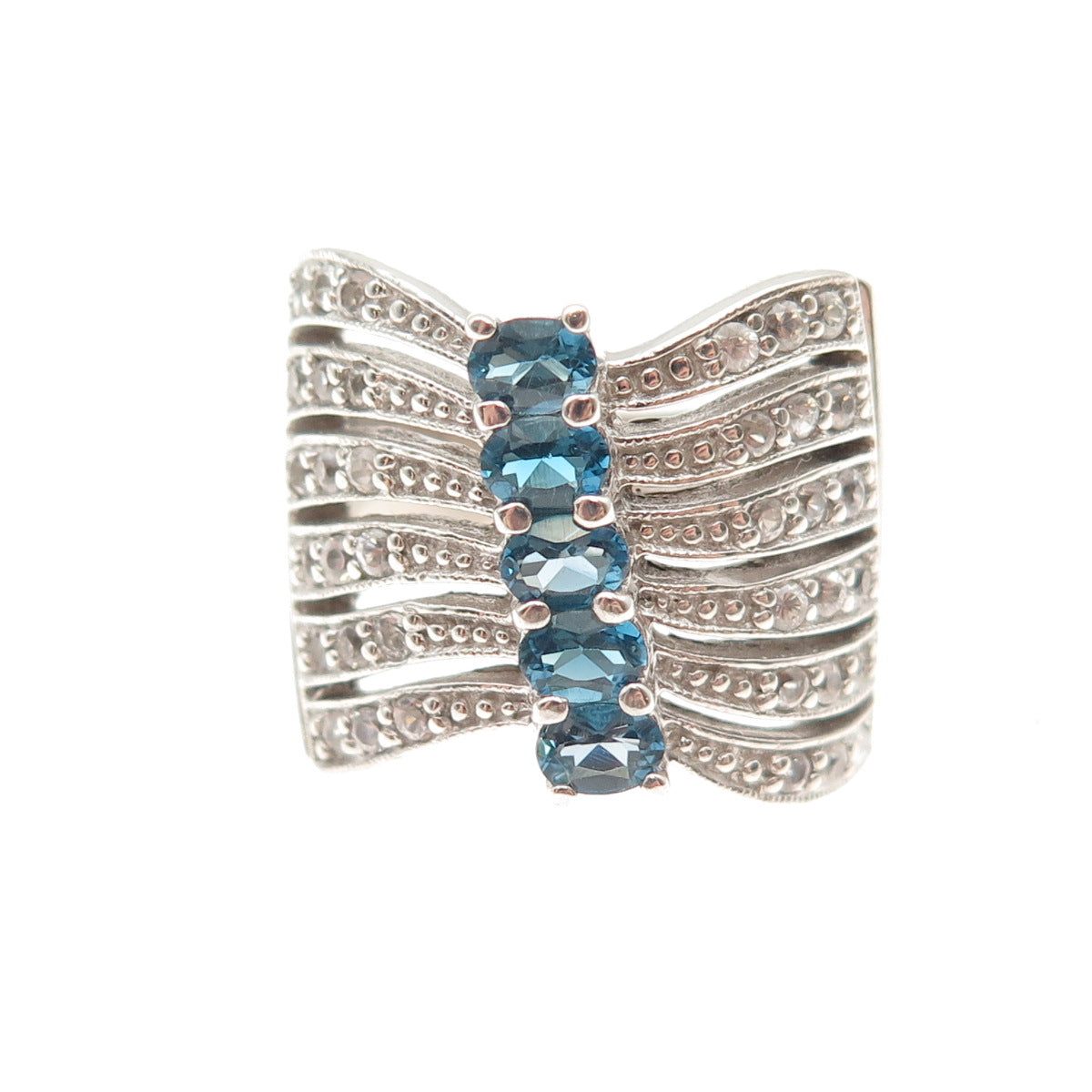925 Sterling Silver Vintage Real Swiss Blue & White Topaz Ring Size 7.5