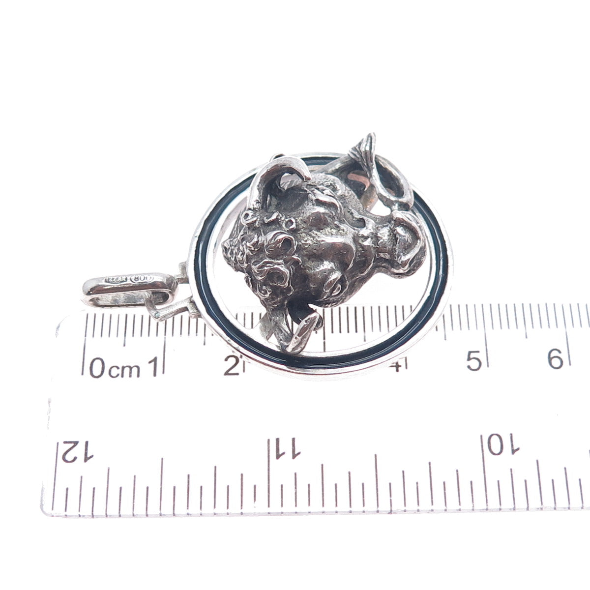 800 Silver Antique Art Deco Italy Enamel Taurus Zodiac Oxidized Charm Pendant