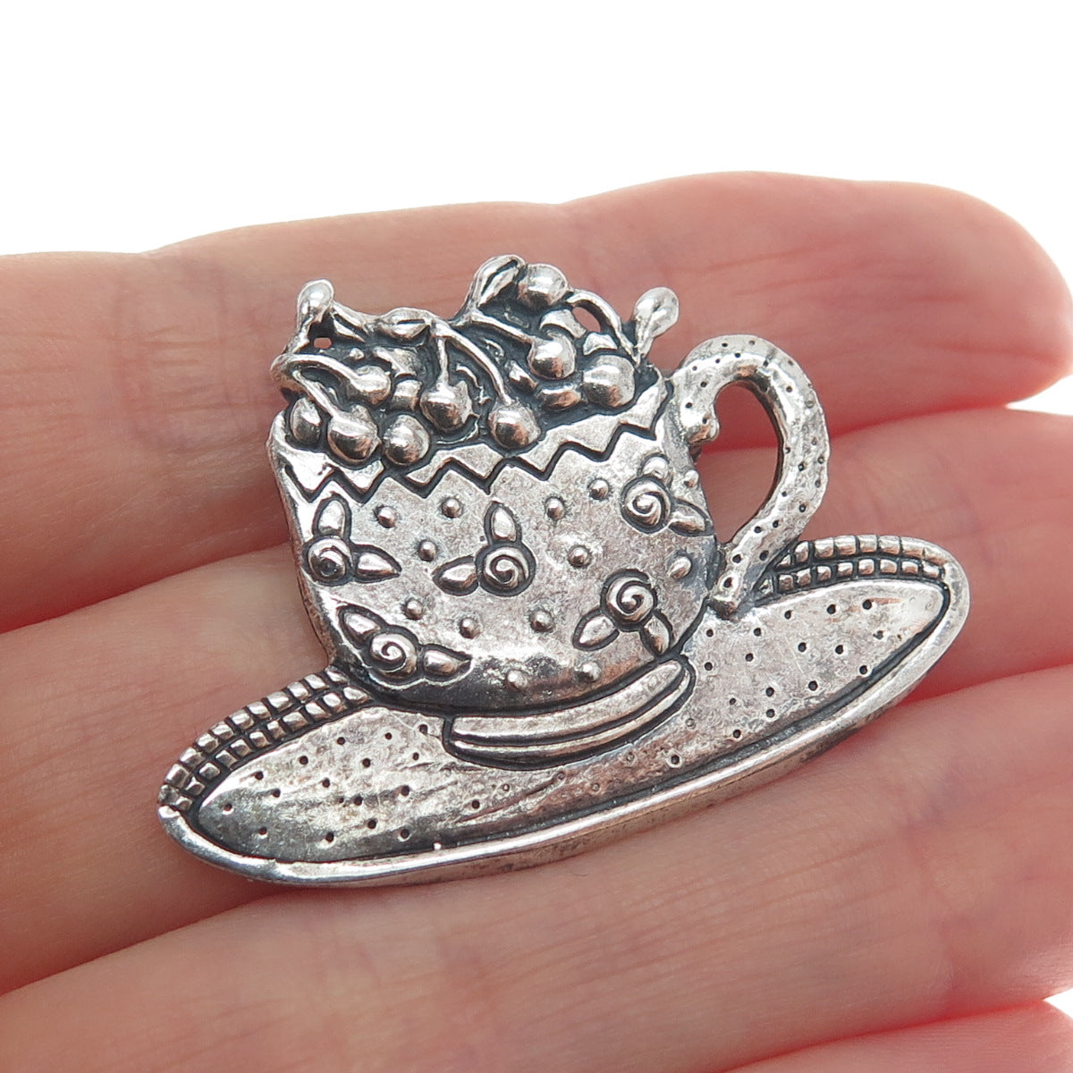 MARY ENGELBREIT 925 Sterling Silver Vintage Cherry Cup Oxidized Pin Brooch