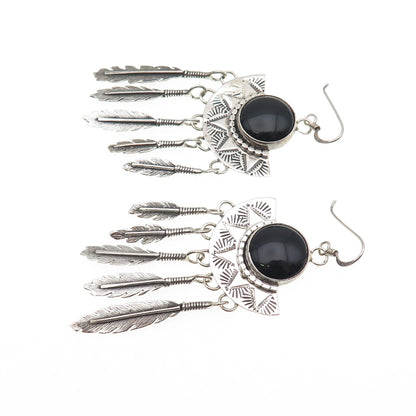 Jack Bly Kewa Old Pawn 925 Sterling Vintage Black Onyx Feather Dangle Earrings