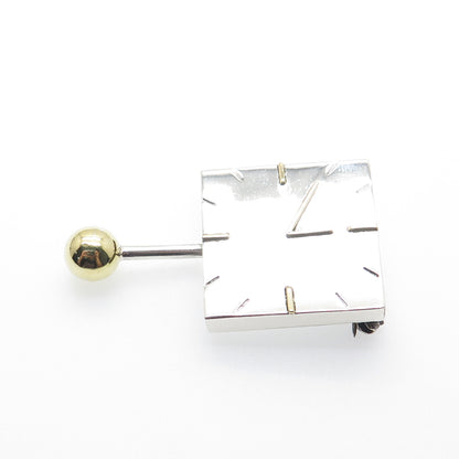 LATON 925 Sterling Silver 2-Tone Vintage Mexico Clock Pin Brooch
