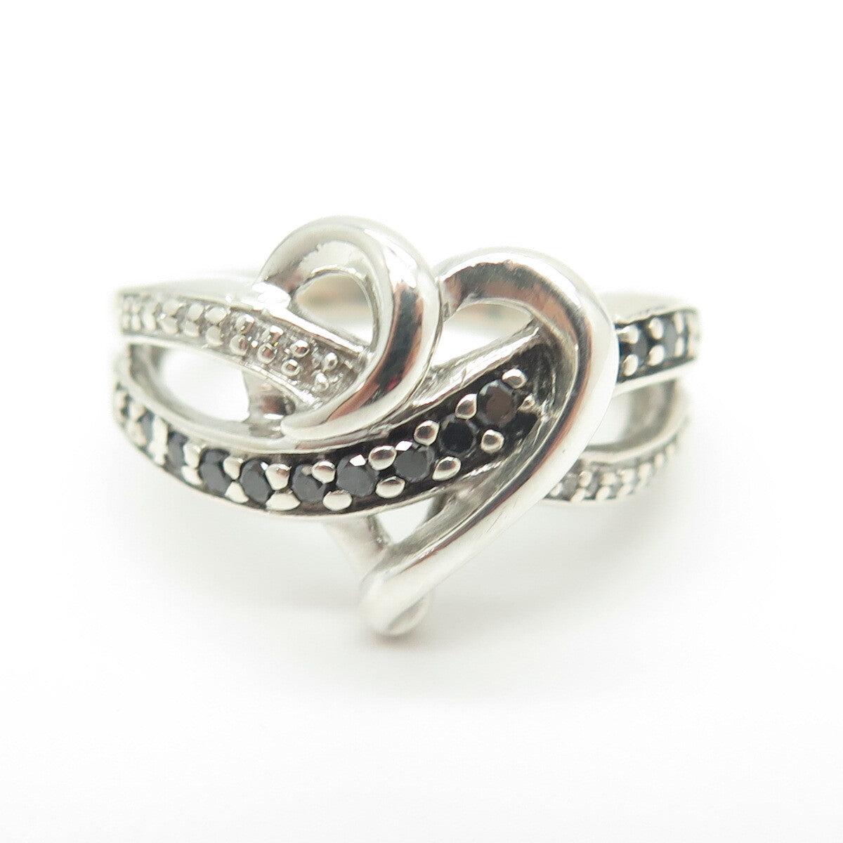 JANE SEYMOUR 925 Sterling Silver Real Black & White Diamond Heart Ring Size 6.75