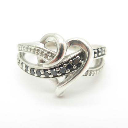 JANE SEYMOUR 925 Sterling Silver Real Black & White Diamond Heart Ring Size 6.75