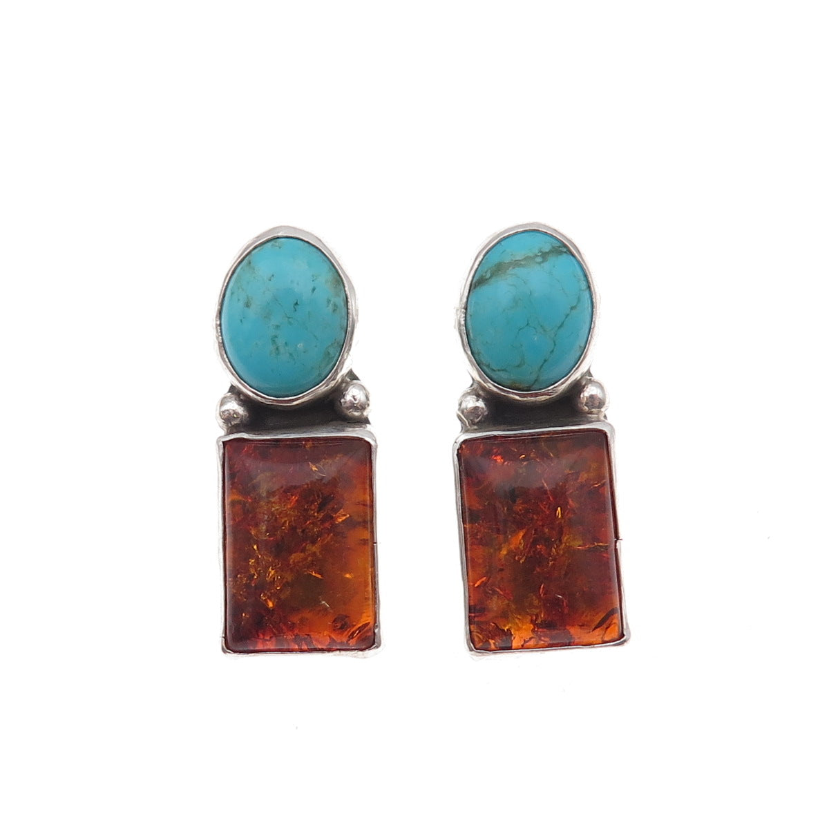 Old Pawn 925 Sterling Silver Vintage Southwestern Turquoise & Amber Earrings