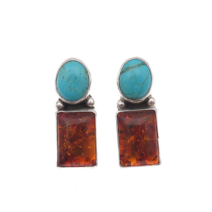 Old Pawn 925 Sterling Silver Vintage Southwestern Turquoise & Amber Earrings