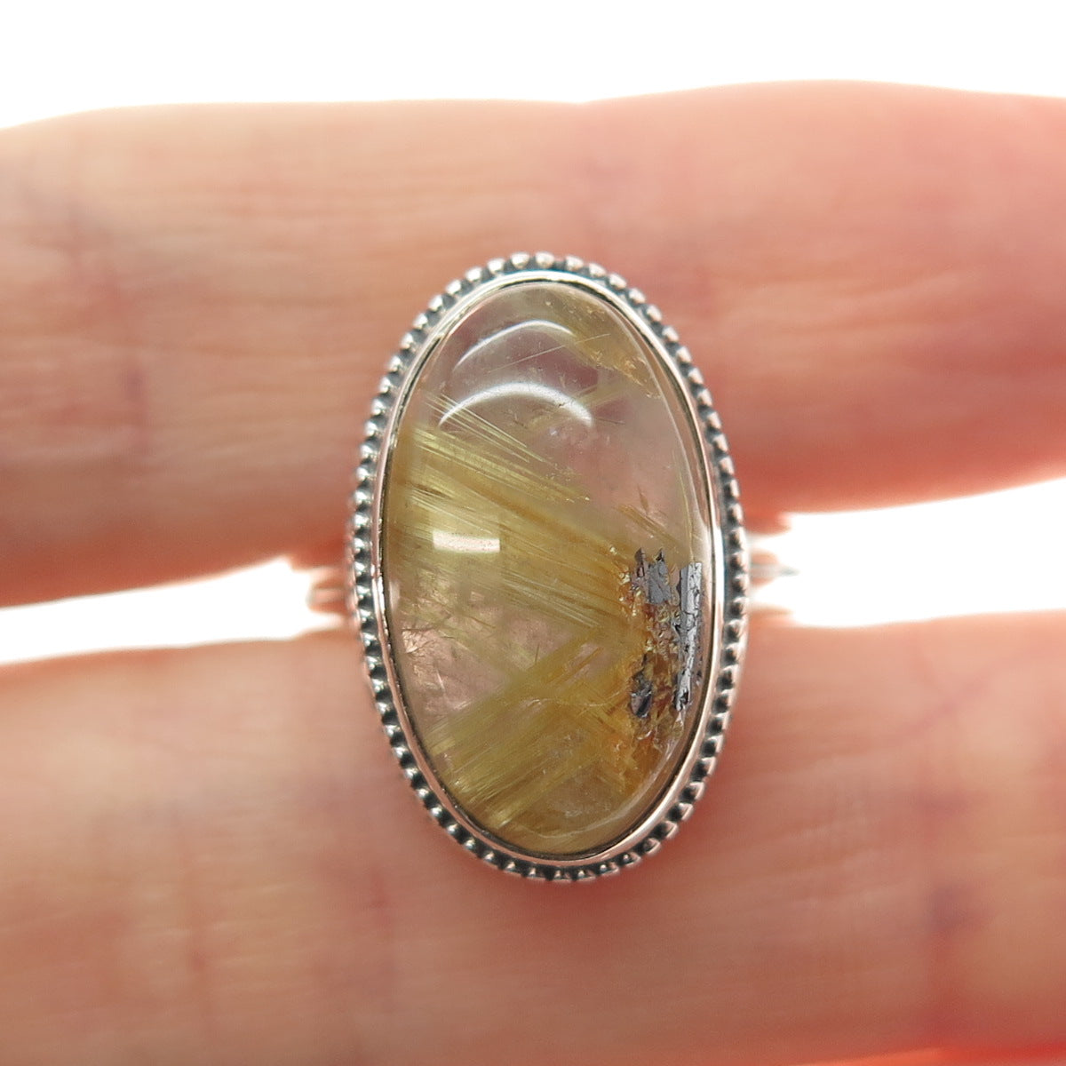 925 Sterling Silver Vintage Real Rutilated Quartz Spiral Oxidized Ring Size 7.25