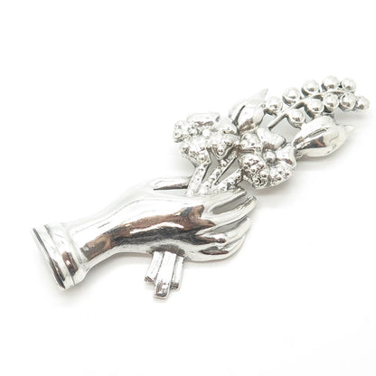 925 Sterling Silver Vintage Flowers in Hand Pin Brooch