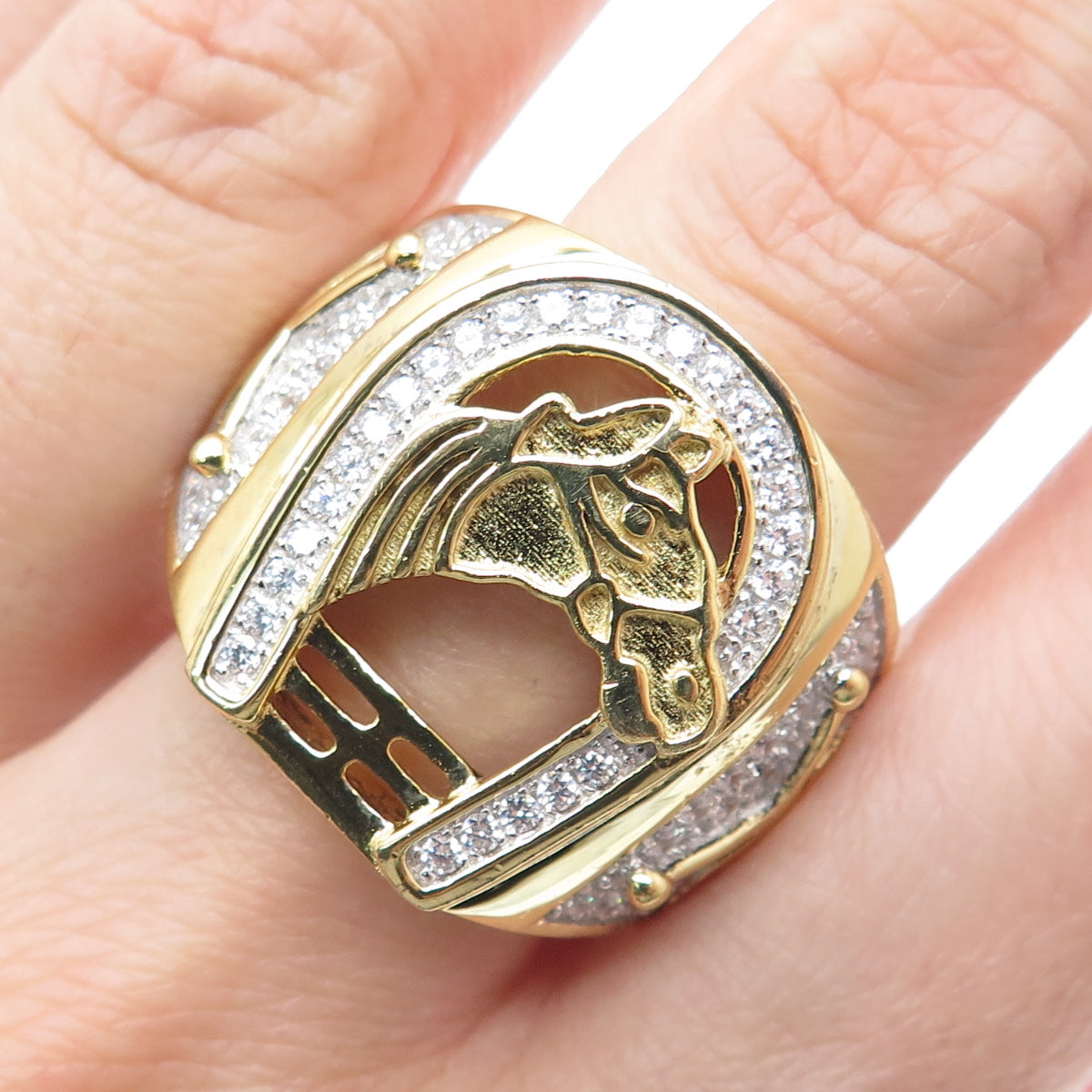 925 Sterling Gold Plated C Z Horse & Horseshoe for Good Luck Wide Ring Size 11.5