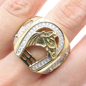 925 Sterling Gold Plated C Z Horse & Horseshoe for Good Luck Wide Ring Size 11.5