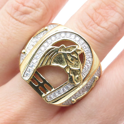 925 Sterling Gold Plated C Z Horse & Horseshoe for Good Luck Wide Ring Size 11.5