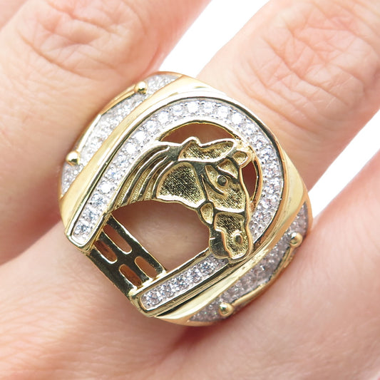 925 Sterling Gold Plated C Z Horse & Horseshoe for Good Luck Wide Ring Size 11.5