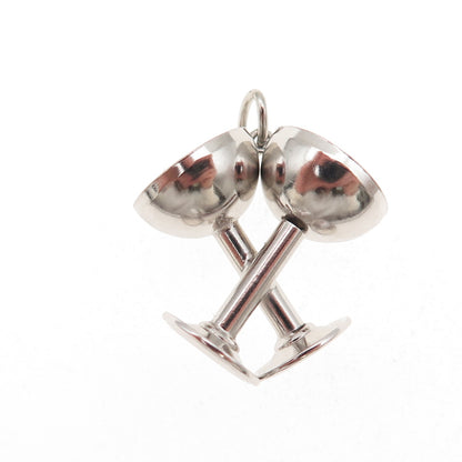 Art's Elegance 925 Sterling Silver Vintage Crossed Wine Glasses 3D Charm Pendant