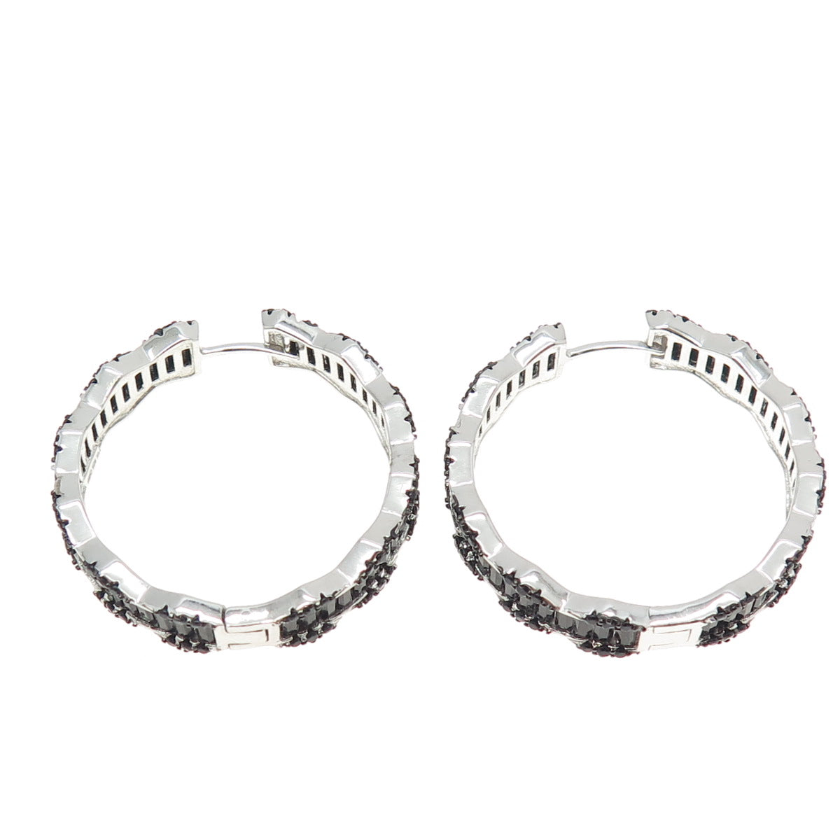 925 Sterling Silver Black C Z Huggie Earrings