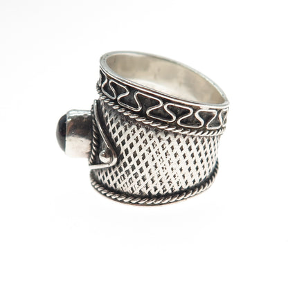 925 Sterling Silver Vintage Real Tourmaline Modernist Oxidized Ring Size 6.75
