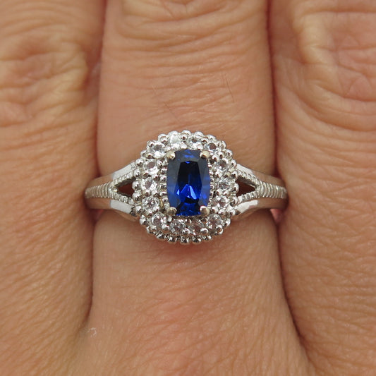 925 Sterling Silver Lab-Created Blue Sapphire & Real White Topaz Ring Size 7.25