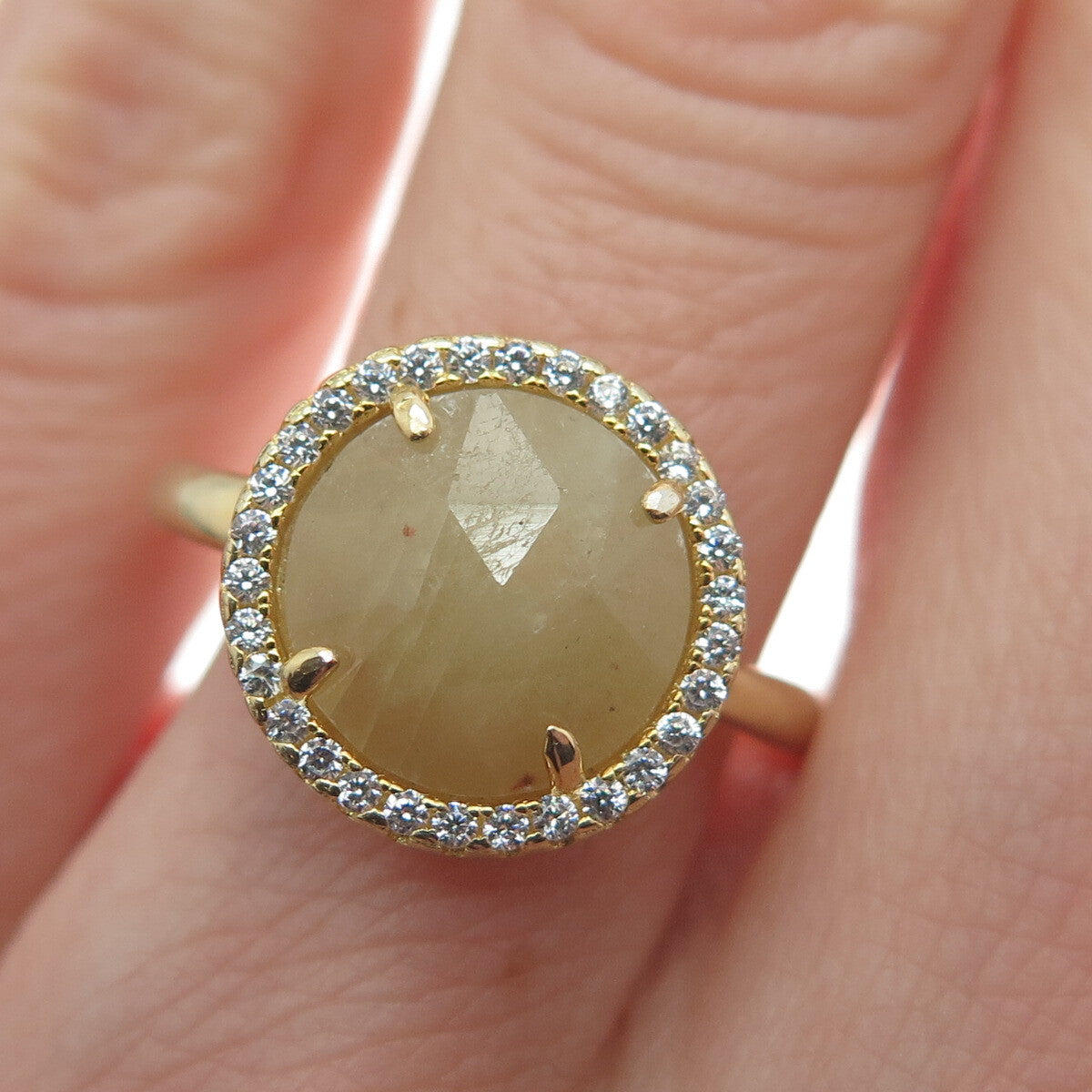 925 Sterling Silver Gold Plated Real Canary Quartz & C Z Ring Size 7.25