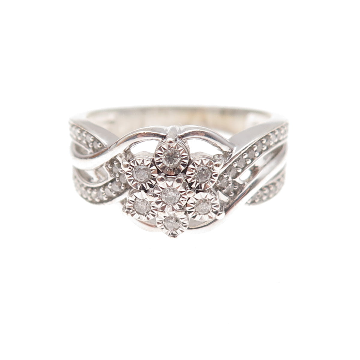 SK9 Allure Gems 925 Sterling Silver Real Diamond Floral Ring Size 7.25