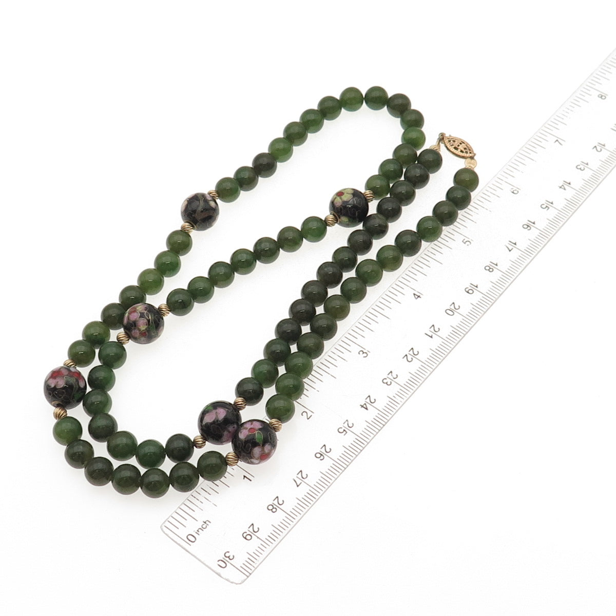 1/20 12K Gold Filled Vintage Cloisonne Enamel Real Jade Ball Beaded Necklace 24"