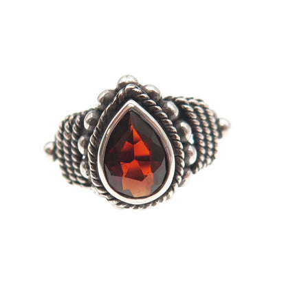 925 Sterling Silver Vintage Real Pear-Cut Red Garnet Oxidized Ring Size 4.5