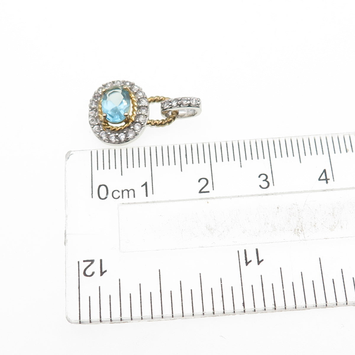 925 Sterling Silver 2-Tone Real Aquamarine & C Z Mini Charm Pendant