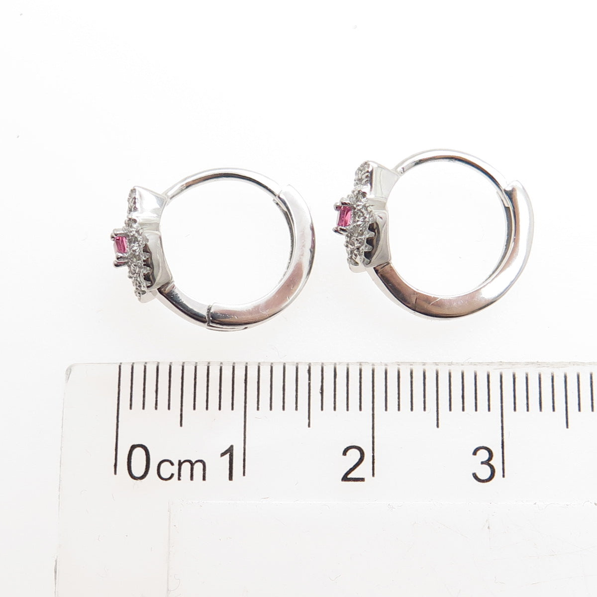 925 Sterling Silver Pink Princess-Cut & White Round-Cut Shaped C Z Hoop Earrings