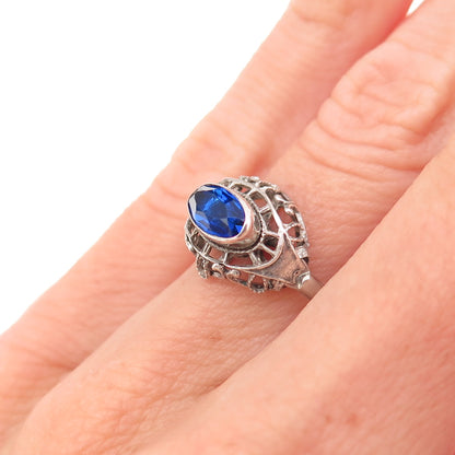 925 Sterling Silver Antique Art Deco Blue Rhinestone Oxidized Ring Size 5.5