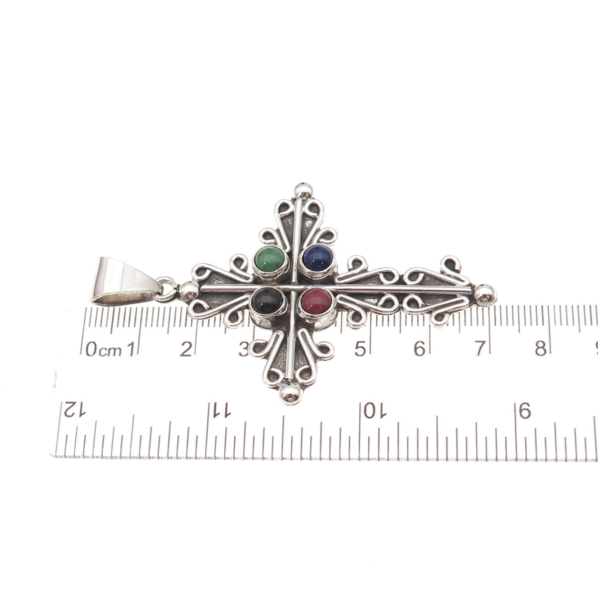 Carsi Sterling Silver Vintage Mexico Turquoise Lapis Onyx Sugilite Cross Pendant